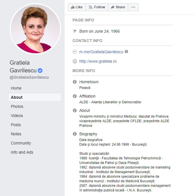 Gratiela Gavrilescu profil Facebook